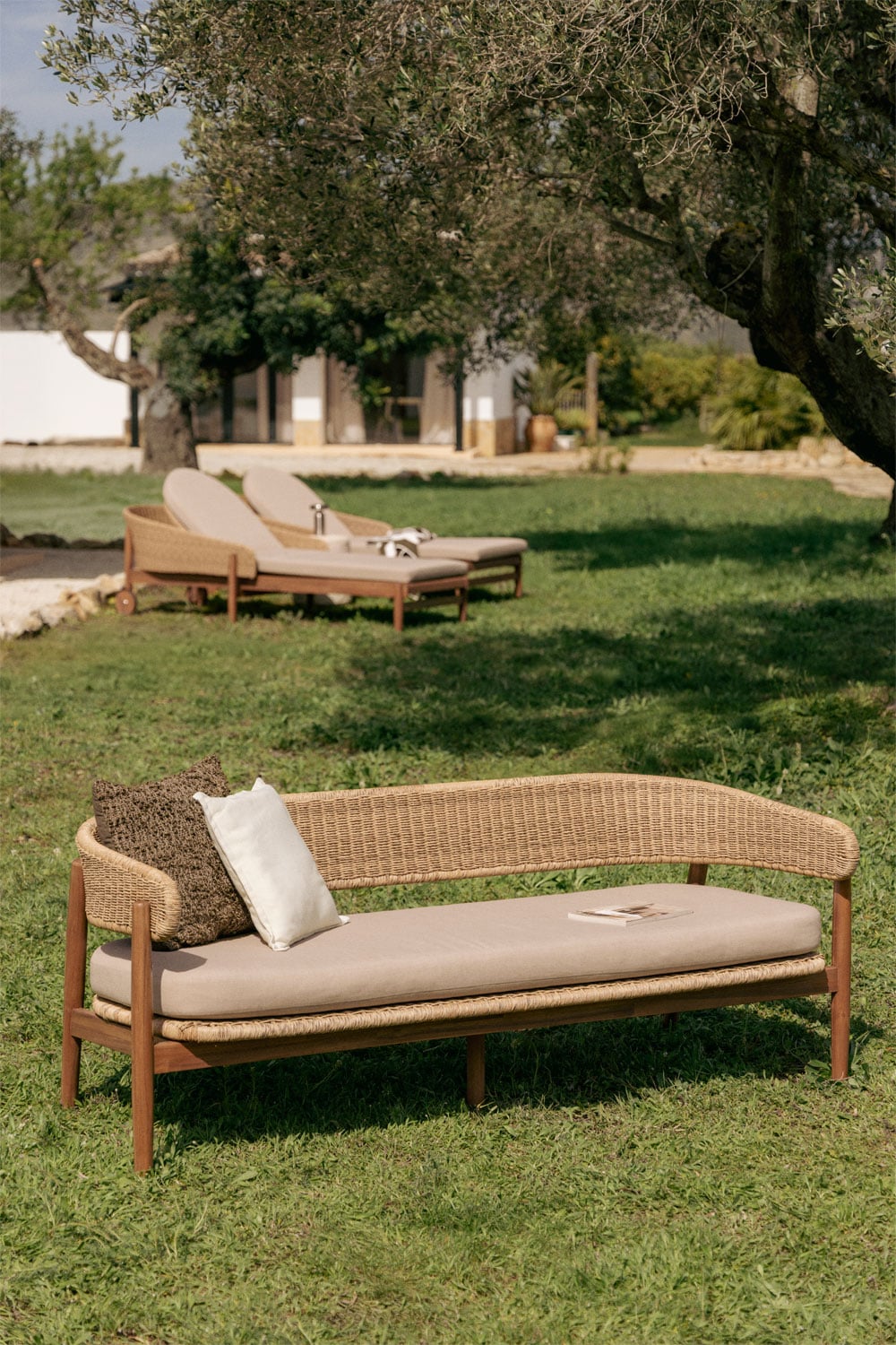 3 Seater Acacia Wood Synthetic Wicker Garden Sofa
