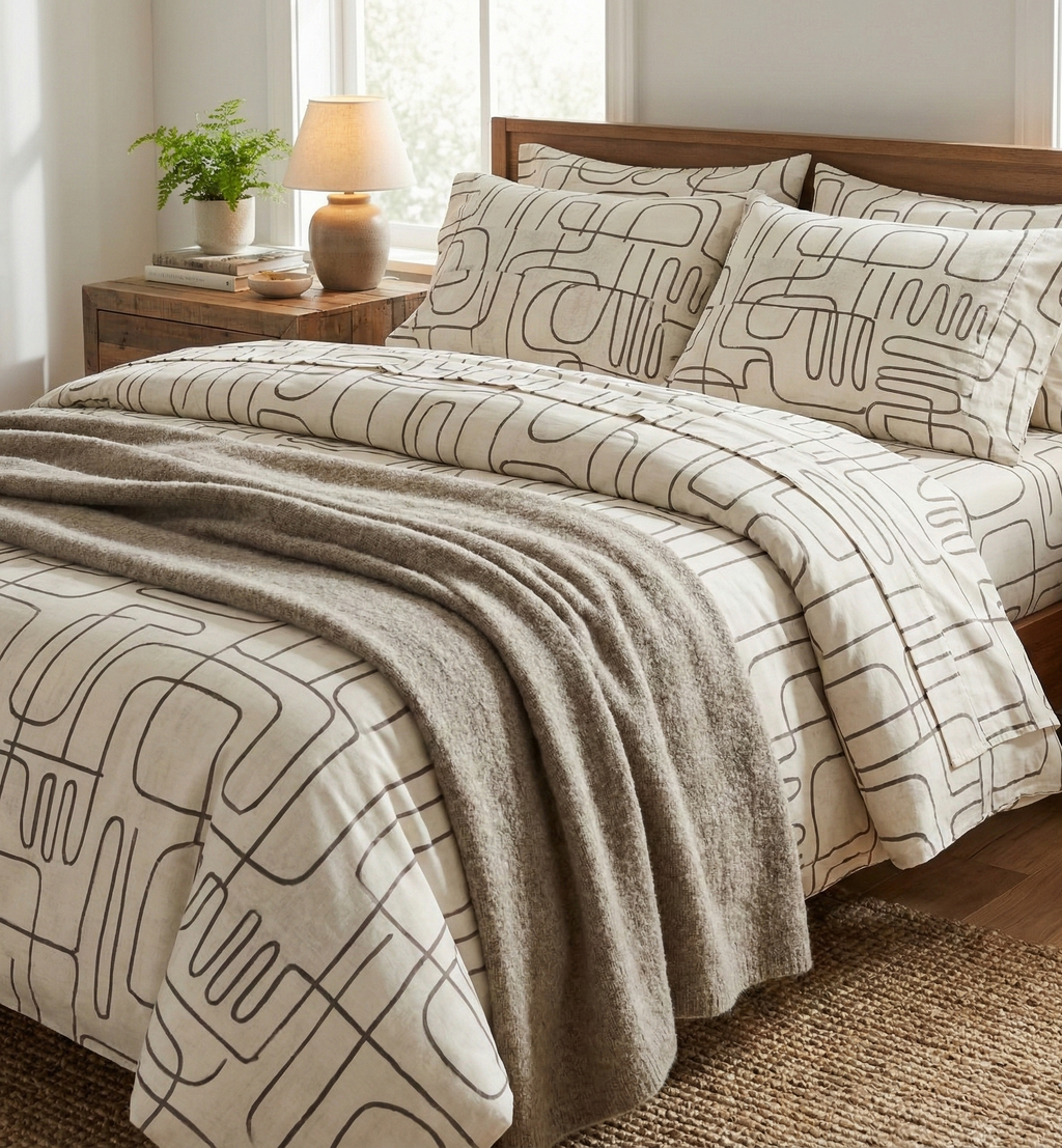 The image displays a cozy bedroom scene featuring a large bed with a distinctive bedding set. The duvet cover and pillowcases have an abstract, continuous black line pattern on a light background. A textured, light brown or taupe throw blanket is draped across the foot of the bed.