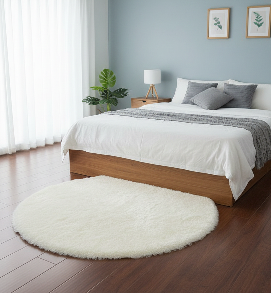Round white rug on a wooden floor in a bedroom with a bed and nightstands.