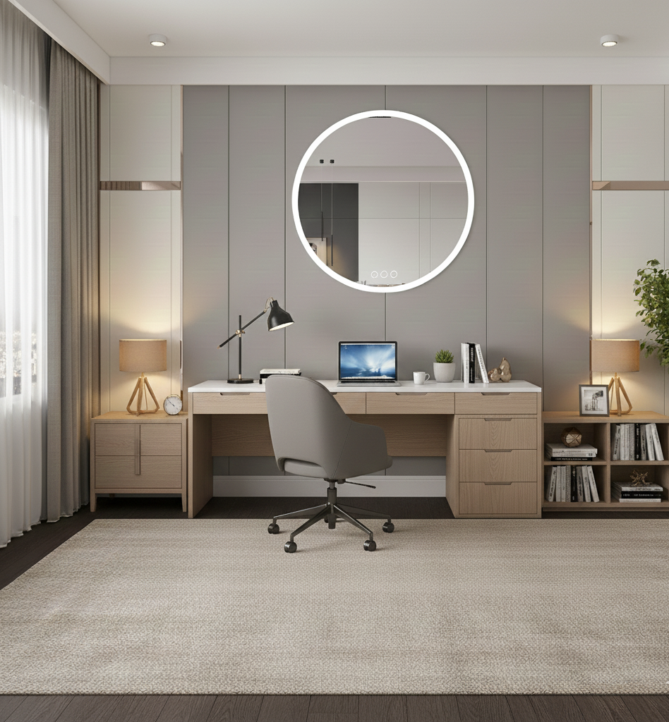 Modern home office with a desk, chair, and decorative elements.