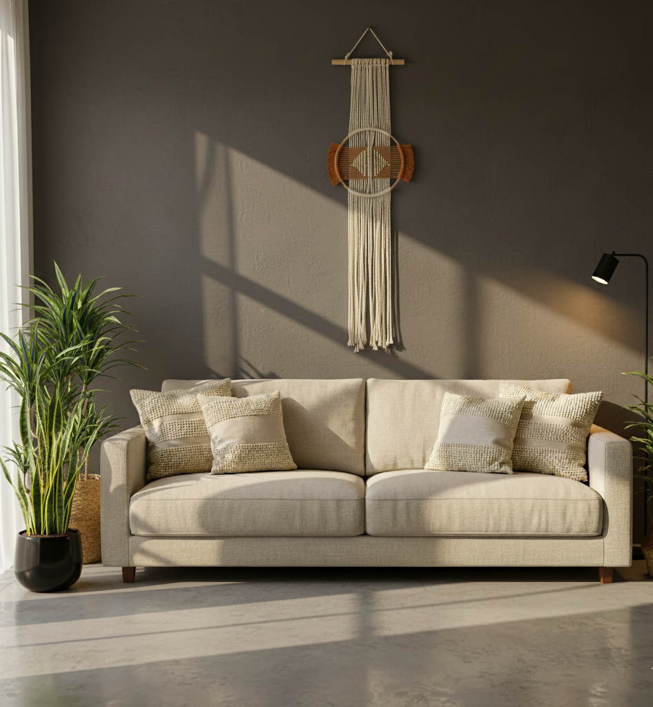 Beige sofa with decorative pillows in a room with a wall hanging and plant.