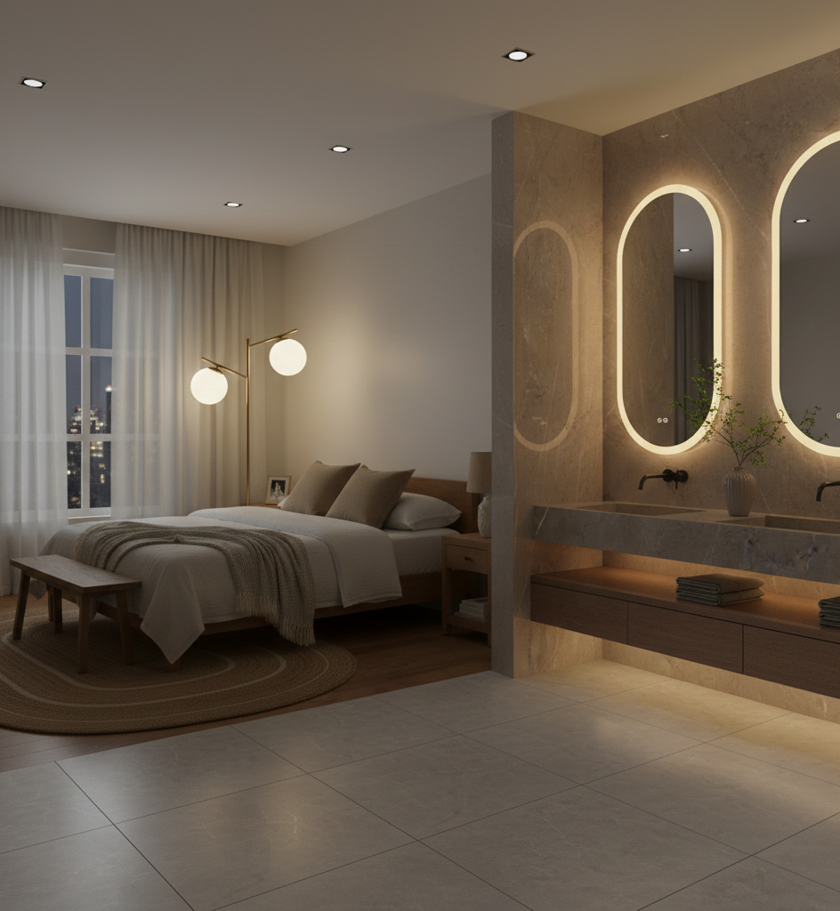 Modern bedroom with bed, vanity, and large mirrors.