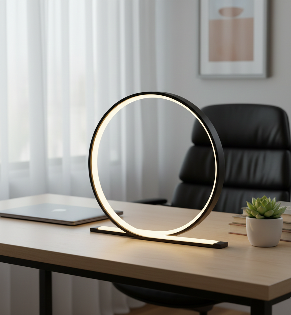 Modern circular LED lamp, open book, and glasses on a wooden nightstand in a dark bedroom.
