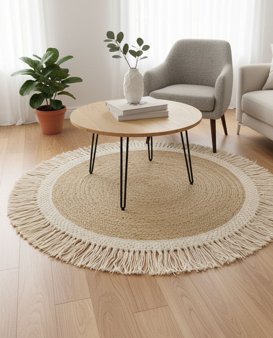 Round jute rug with tassels in a living room setting