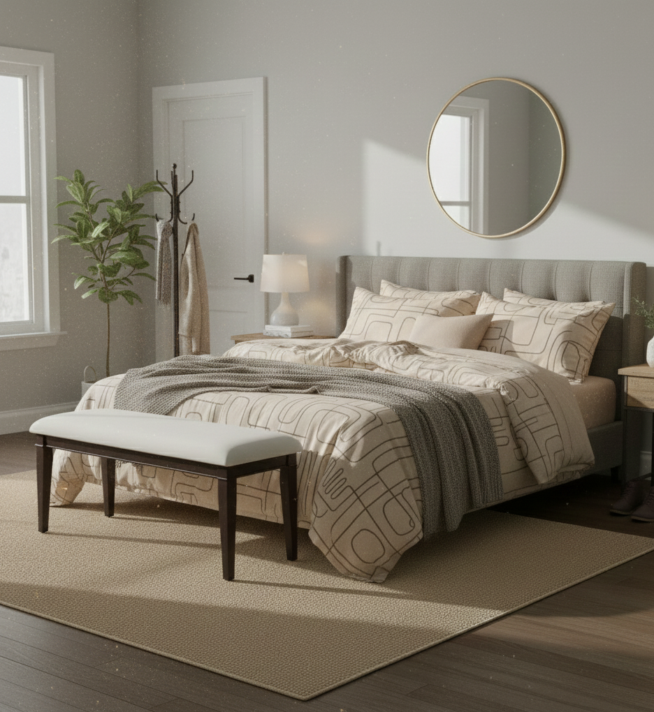  A large bed with a tufted headboard, dressed in a beige and white patterned duvet cover and several pillows. A grey throw blanket is draped across the foot of the bed.