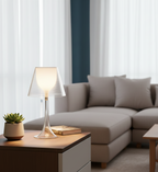 Modern circular LED lamp illuminating an open book and glasses on a nightstand.