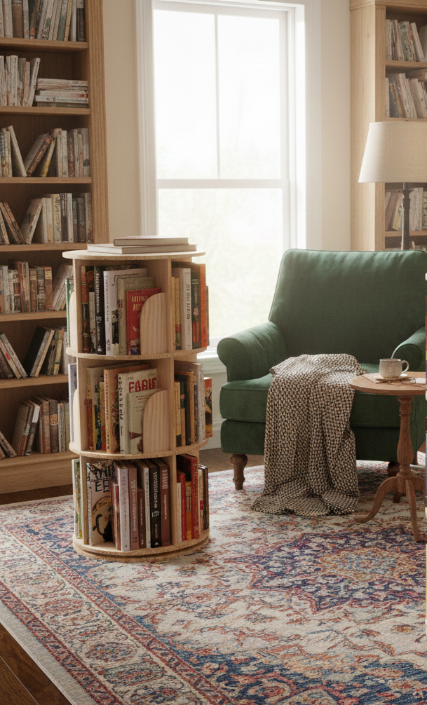 Living room with a green armchair, round bookshelf, and bookshelves.