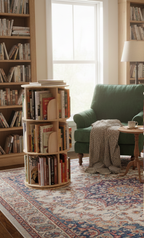 Living room with a green armchair, round bookshelf, and bookshelves.