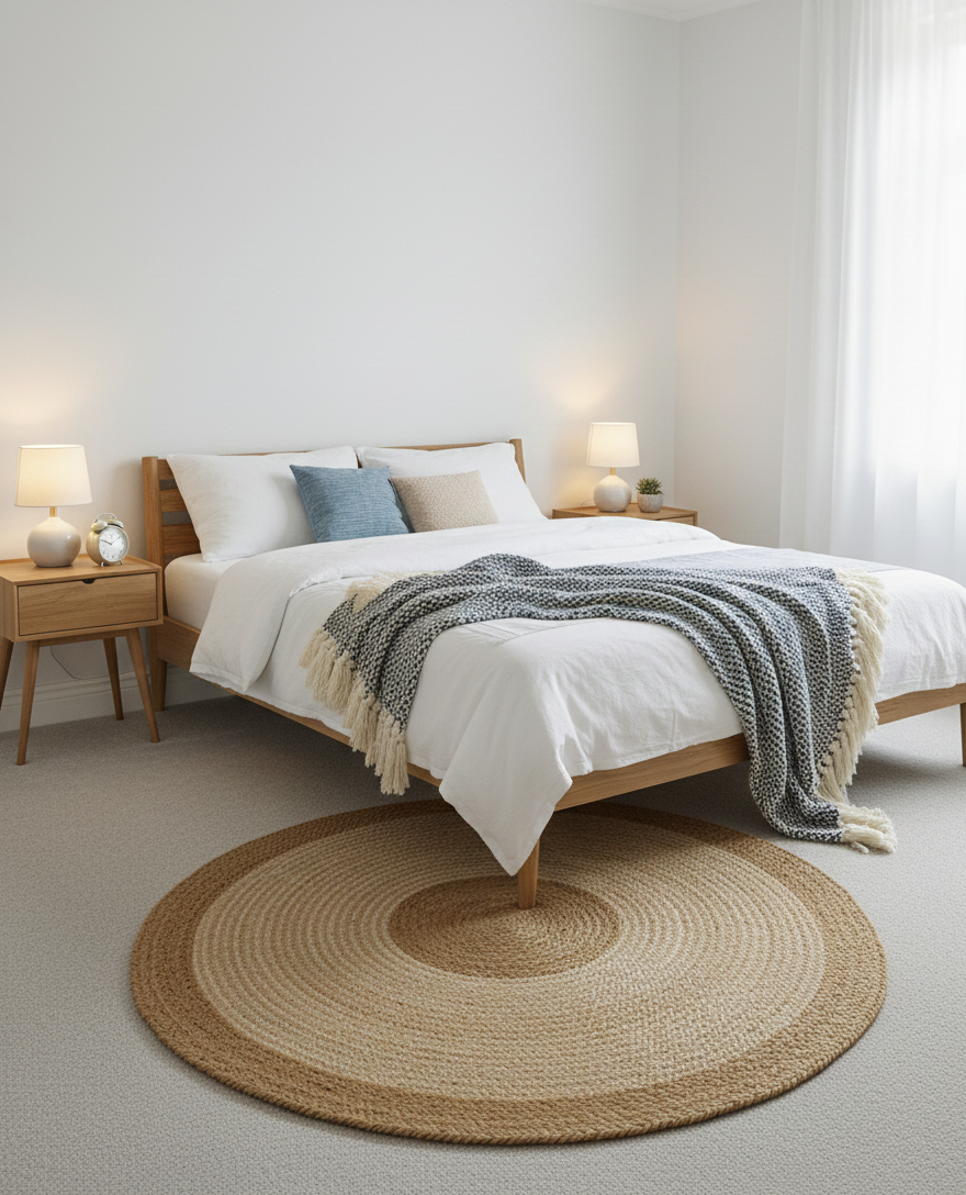 Bedroom with a wooden bed, round jute rug, and two lamps on nightstands.