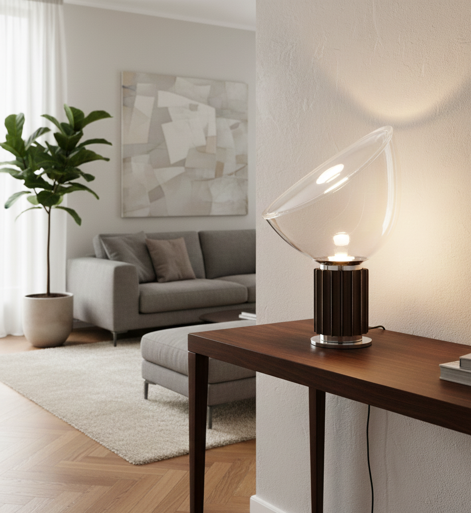 Modern circular LED lamp illuminating an open book and glasses on a nightstand.