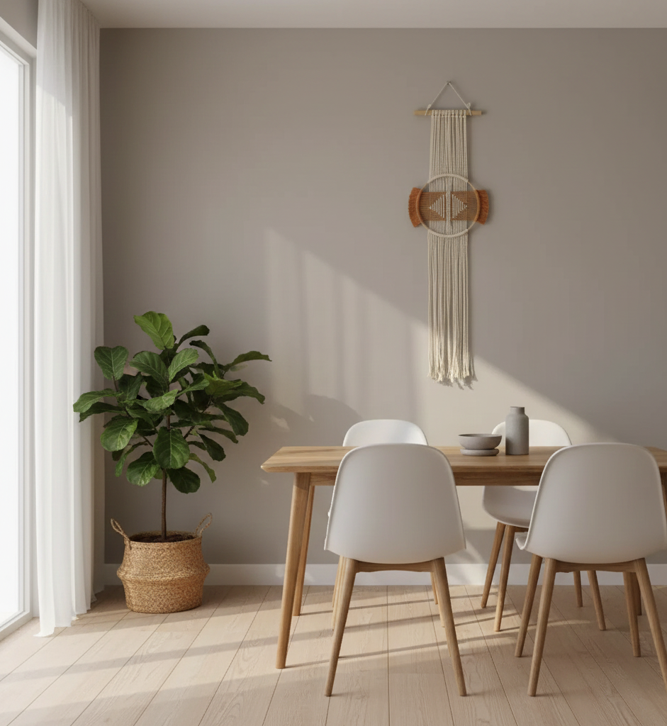 Dining room with wooden table, white chairs, and a plant on a sunny day.
