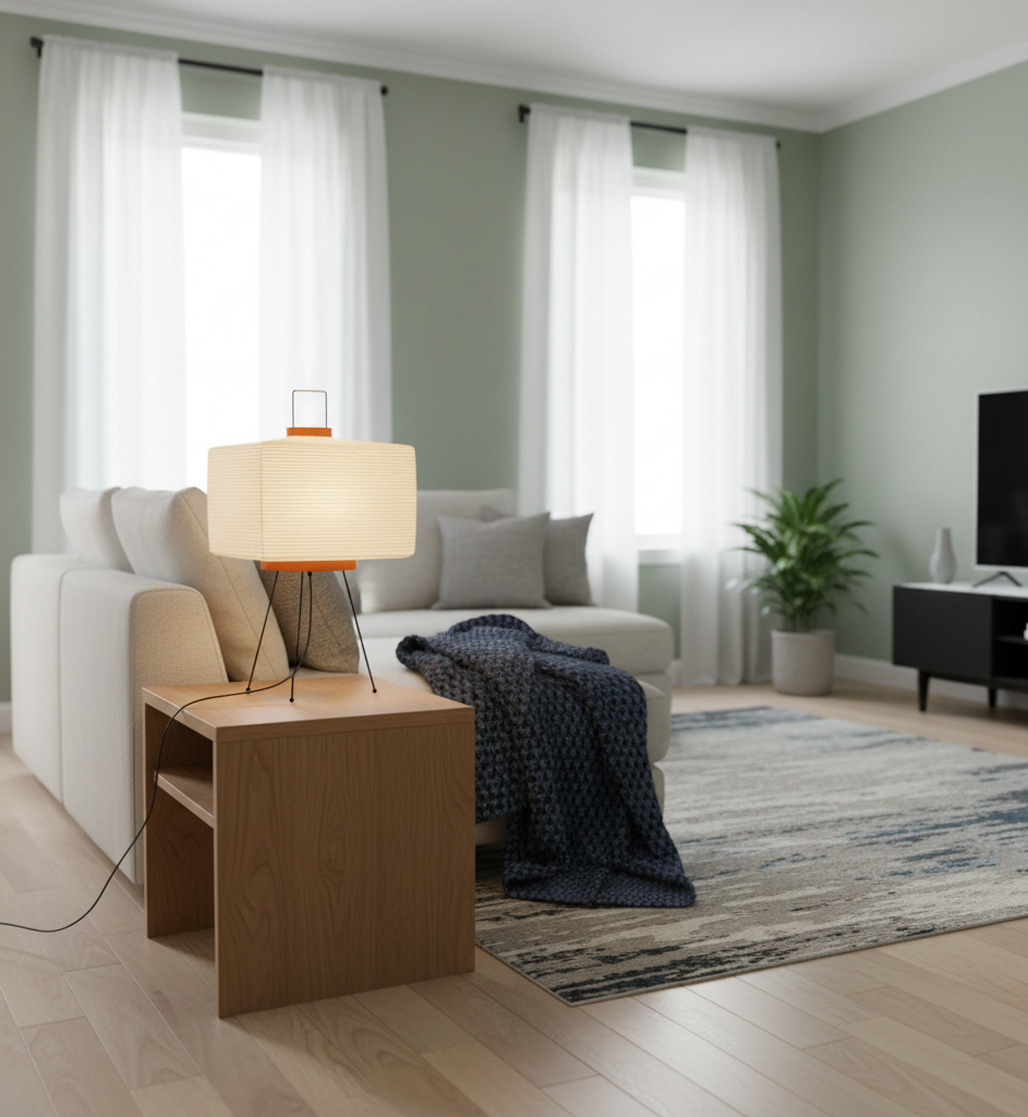 Modern living room with a lamp on a wooden side table, sofa, and TV.
