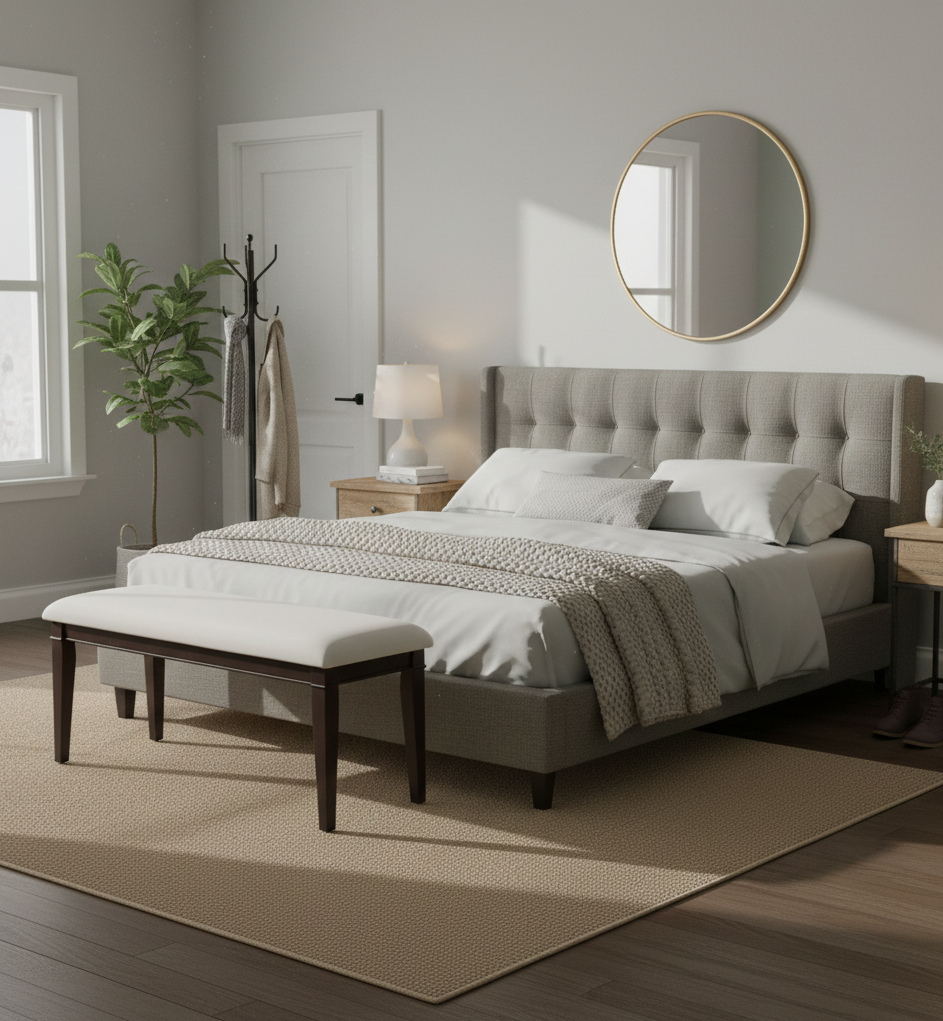 a neutral-toned bedroom centered around a large, grey upholstered platform bed, potentially identified as the Theodore Alexander Hampton King Platform Bed or Artum Hill Piper Upholstered Bed.