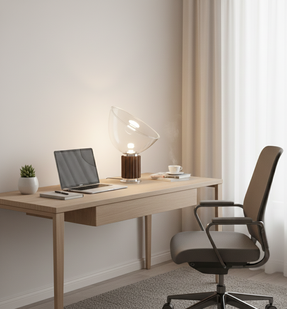 Modern circular LED lamp illuminating an open book and glasses on a nightstand.