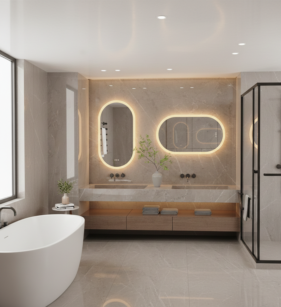 Modern bathroom with a freestanding bathtub, double sink vanity, and illuminated mirrors.