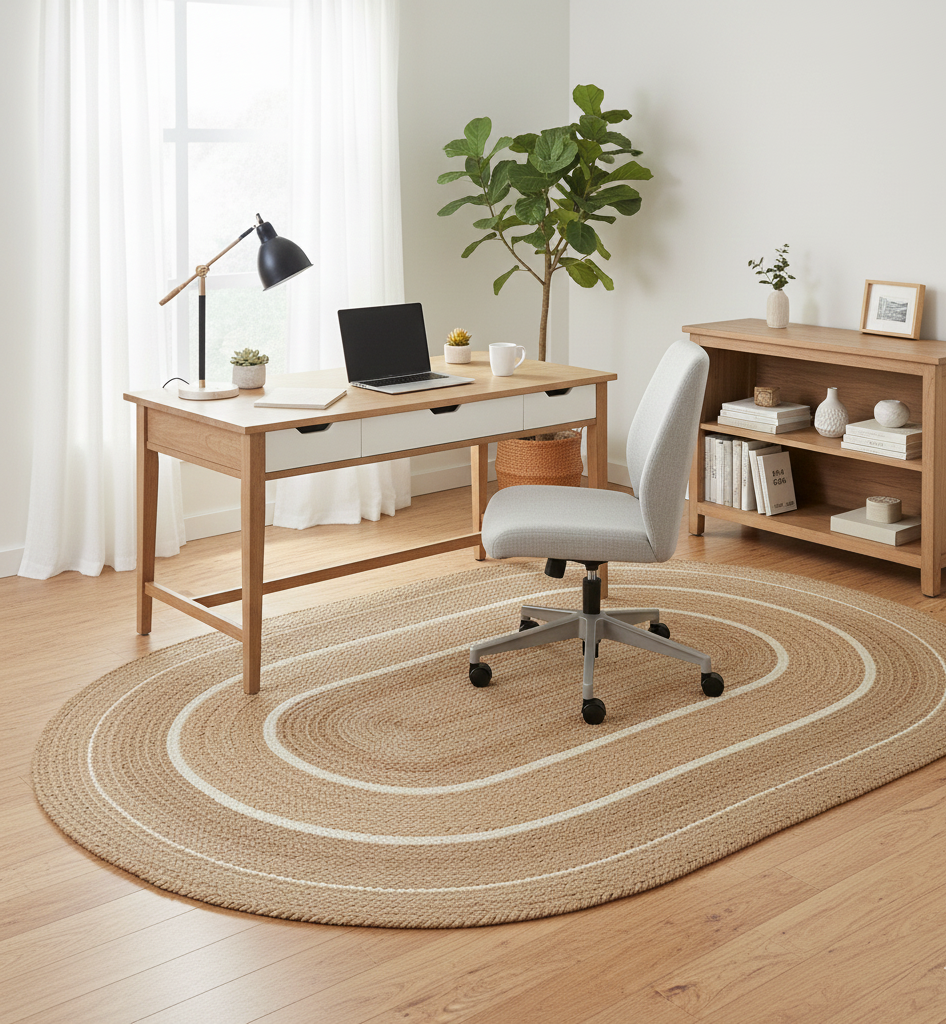 Home office with wooden desk, chair, laptop, and decor items on a wooden floor.