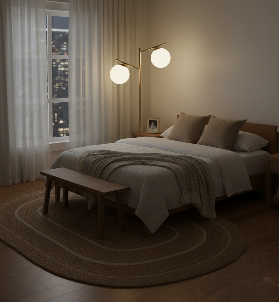 Modern bedroom with a bed, bench, and floor lamp.