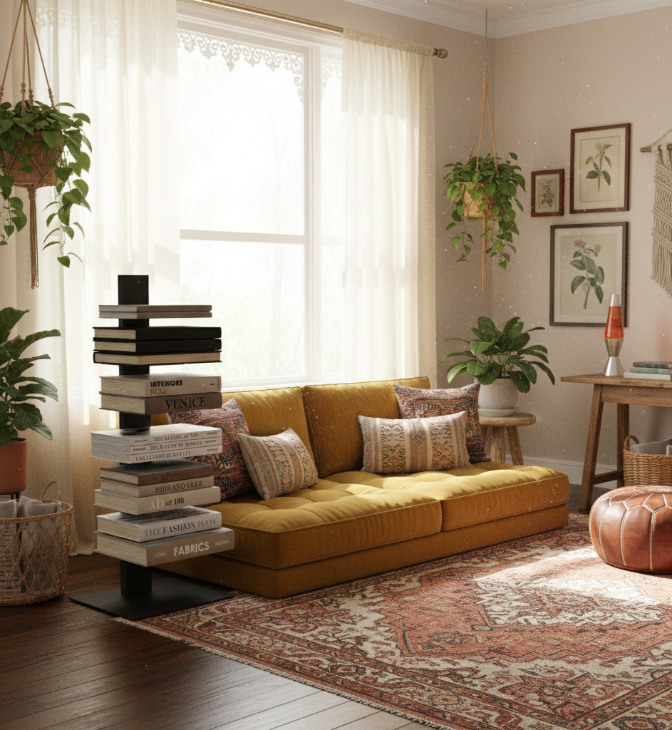 Cozy living room with a yellow sofa, books, and plants.