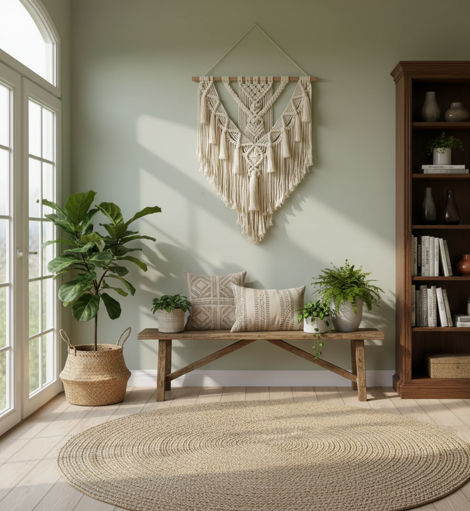 Living room with a macrame wall hanging, wooden bench, and plants.