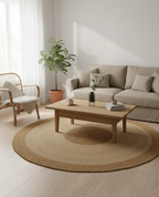 Living room with beige sofa, wooden coffee table, and round jute rug.