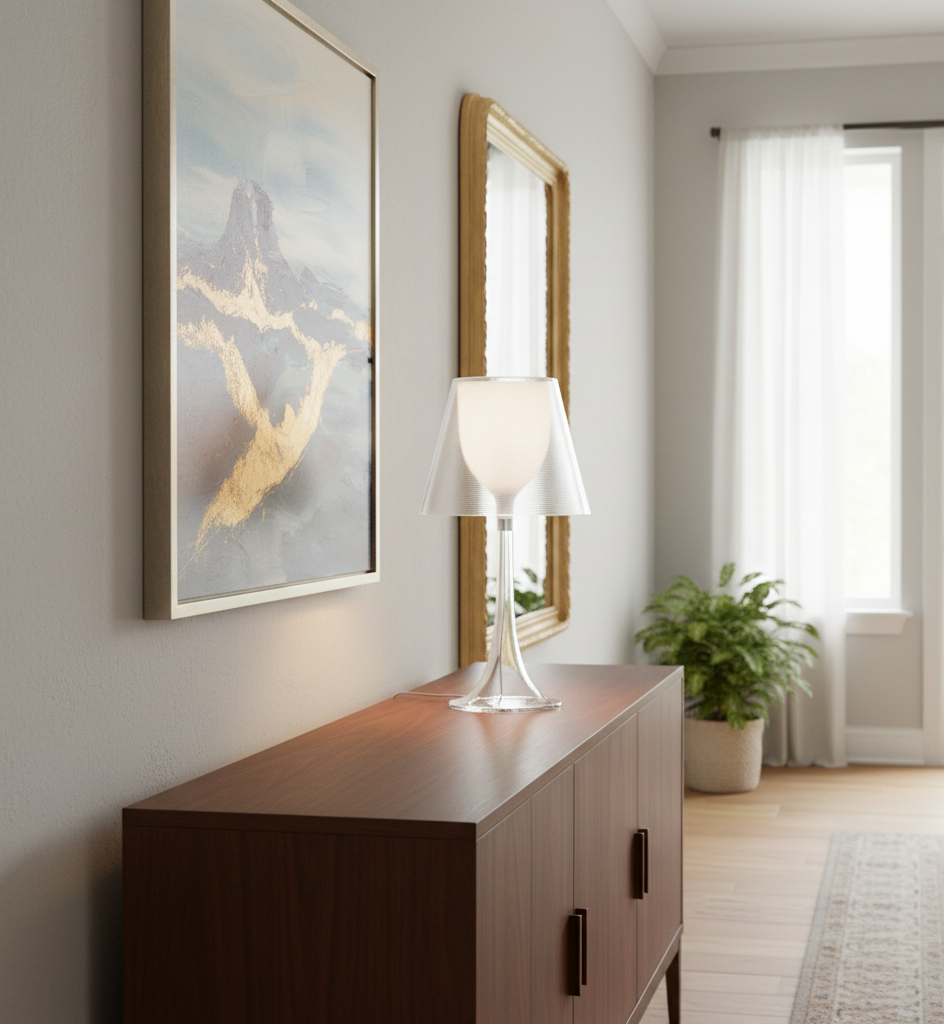 Modern circular LED lamp illuminating an open book and glasses on a nightstand.