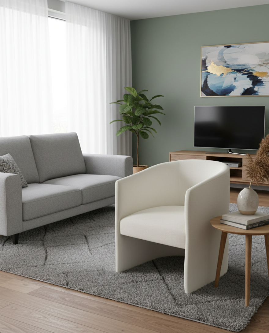 A light grey two-seater sofa with a throw pillow is on the left. In the foreground on the right is a white, curved armchair. A light wood coffee table sits next to the armchair, holding a white vase and a stack of books.