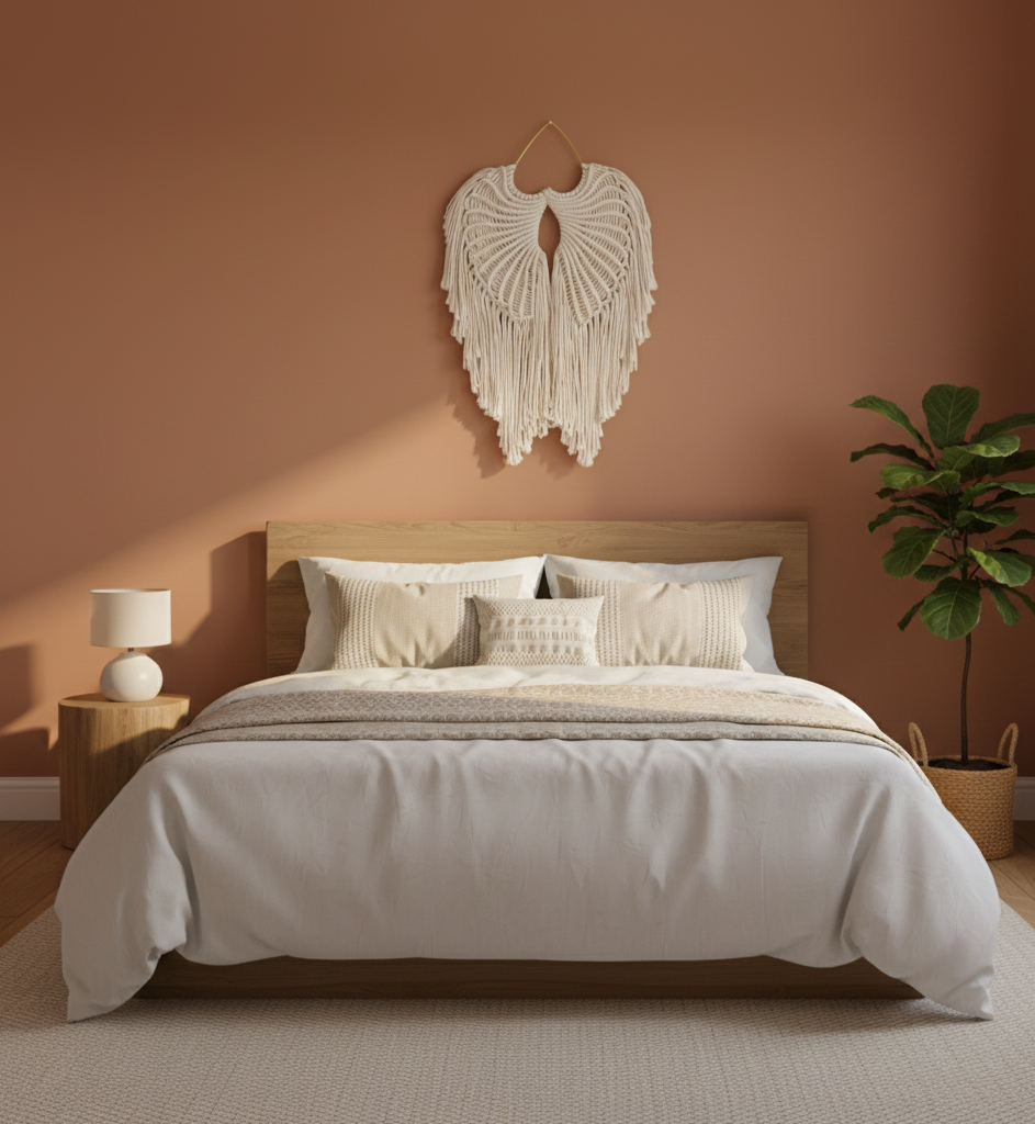 Neatly made bed with pillows and a decorative wall hanging in a bedroom setting.