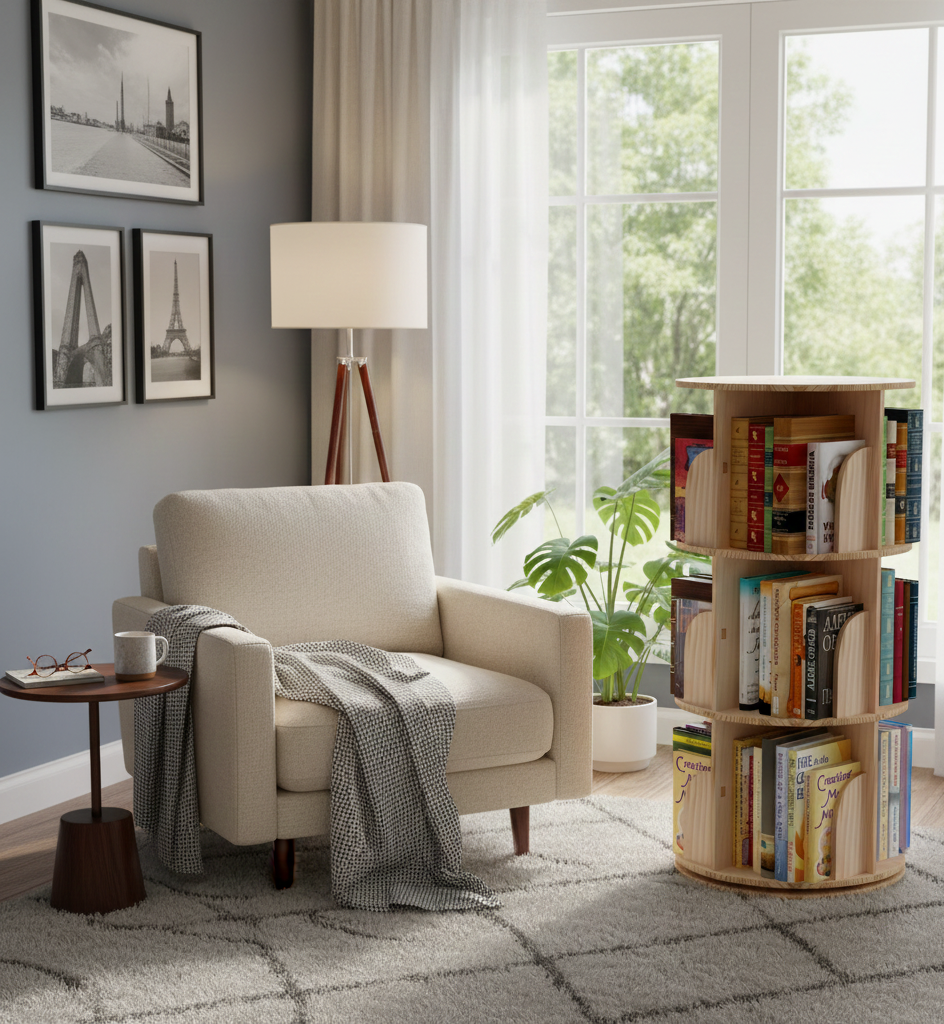 Living room with beige armchair, bookshelf, and large window