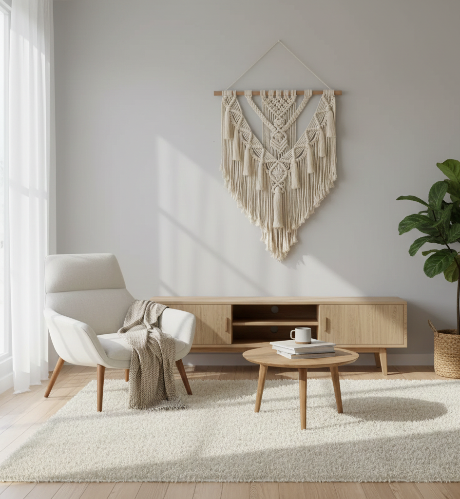 Modern living room with a wooden TV stand, white armchair, and decorative wall hanging.