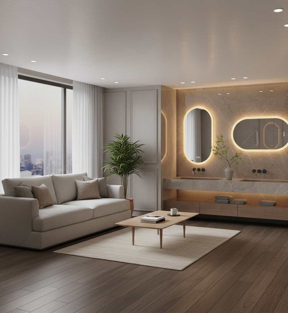 Modern living room with a beige sofa, wooden coffee table, and decorative elements.