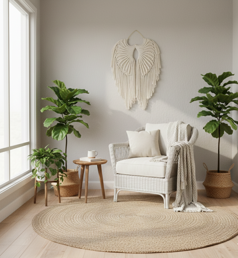 Cozy living room with a white armchair, round jute rug, and decorative wall art.