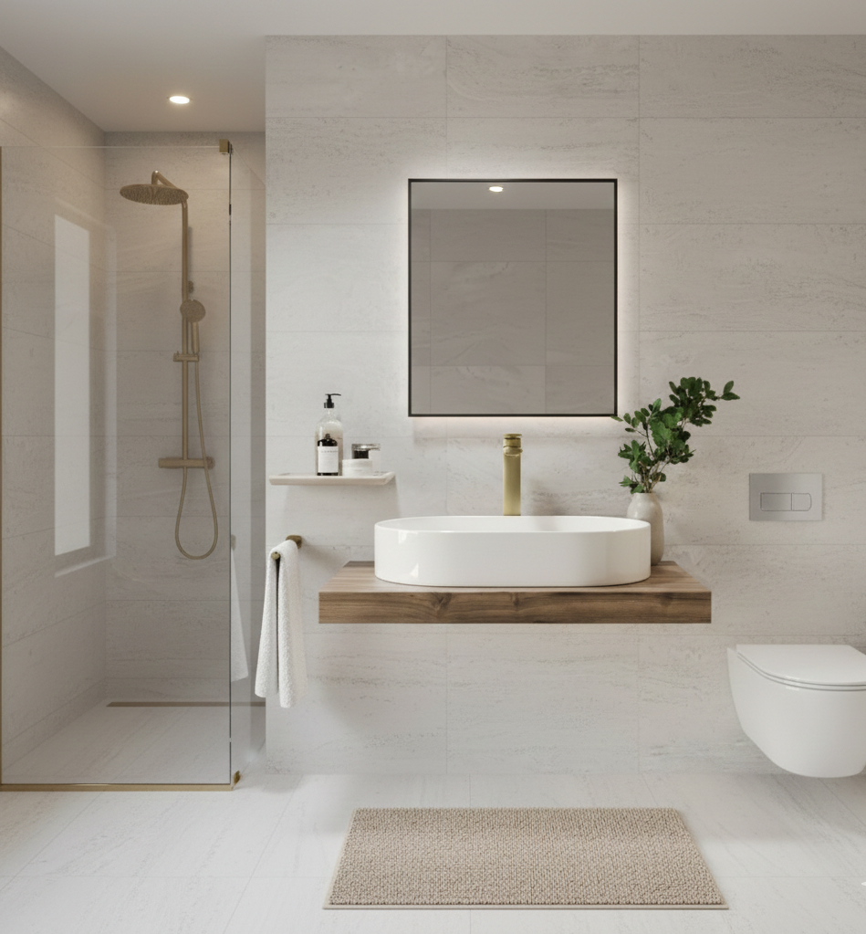 A white, oval-shaped vessel sink sits atop a floating wooden shelf. Above the sink is a large, rectangular mirror with backlighting. A gold-toned faucet and some small toiletries are visible.