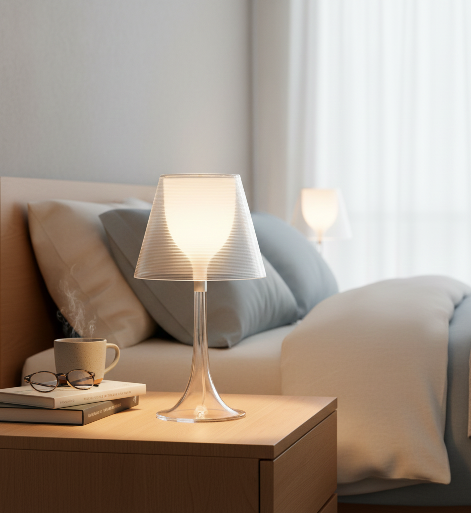 Modern circular LED lamp illuminating an open book and glasses on a nightstand.