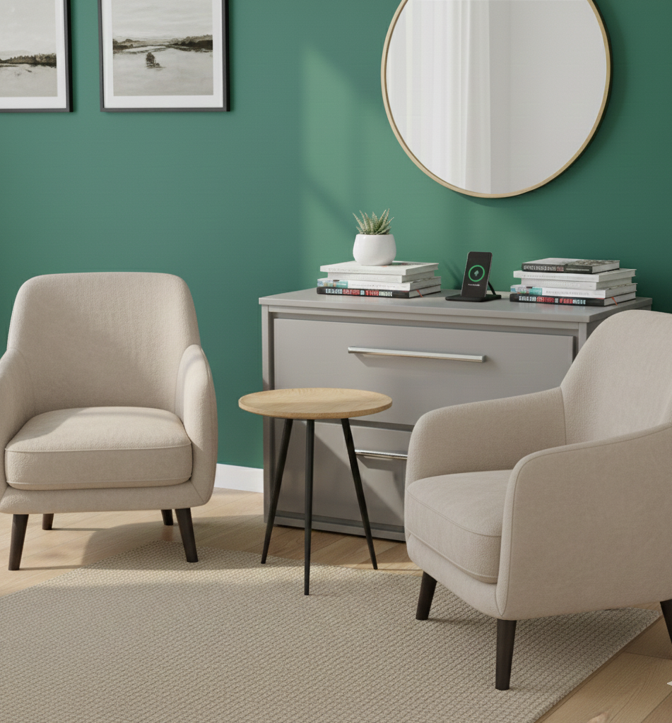 a modern and cozy interior scene, likely a living room or a reading nook, with a prominent teal green wall as a backdrop. The room features a neutral color palette for the furniture and rug, which contrasts with the wall color.