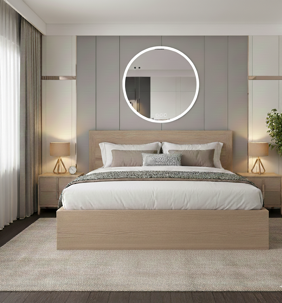 Modern bedroom with a wooden bed, nightstands, and wall mirror.