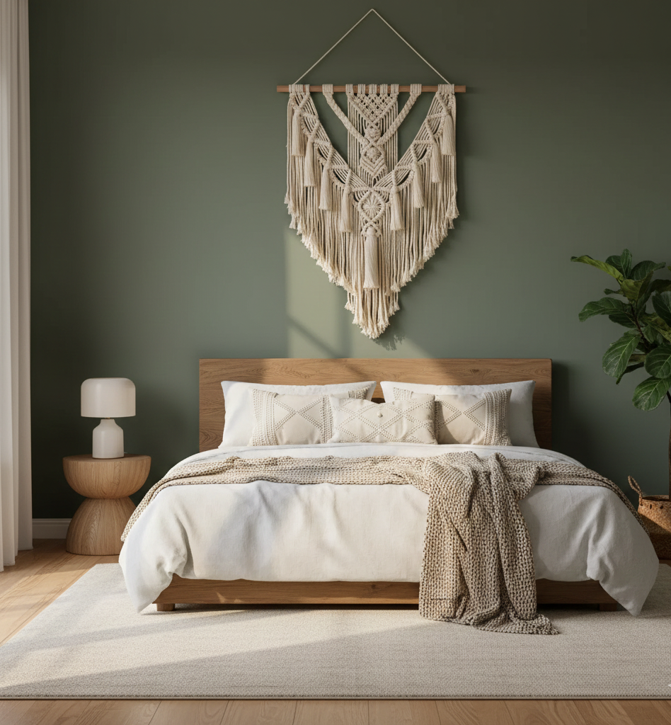 Bedroom with wooden bed, white bedding, and macrame wall hanging on a green wall.