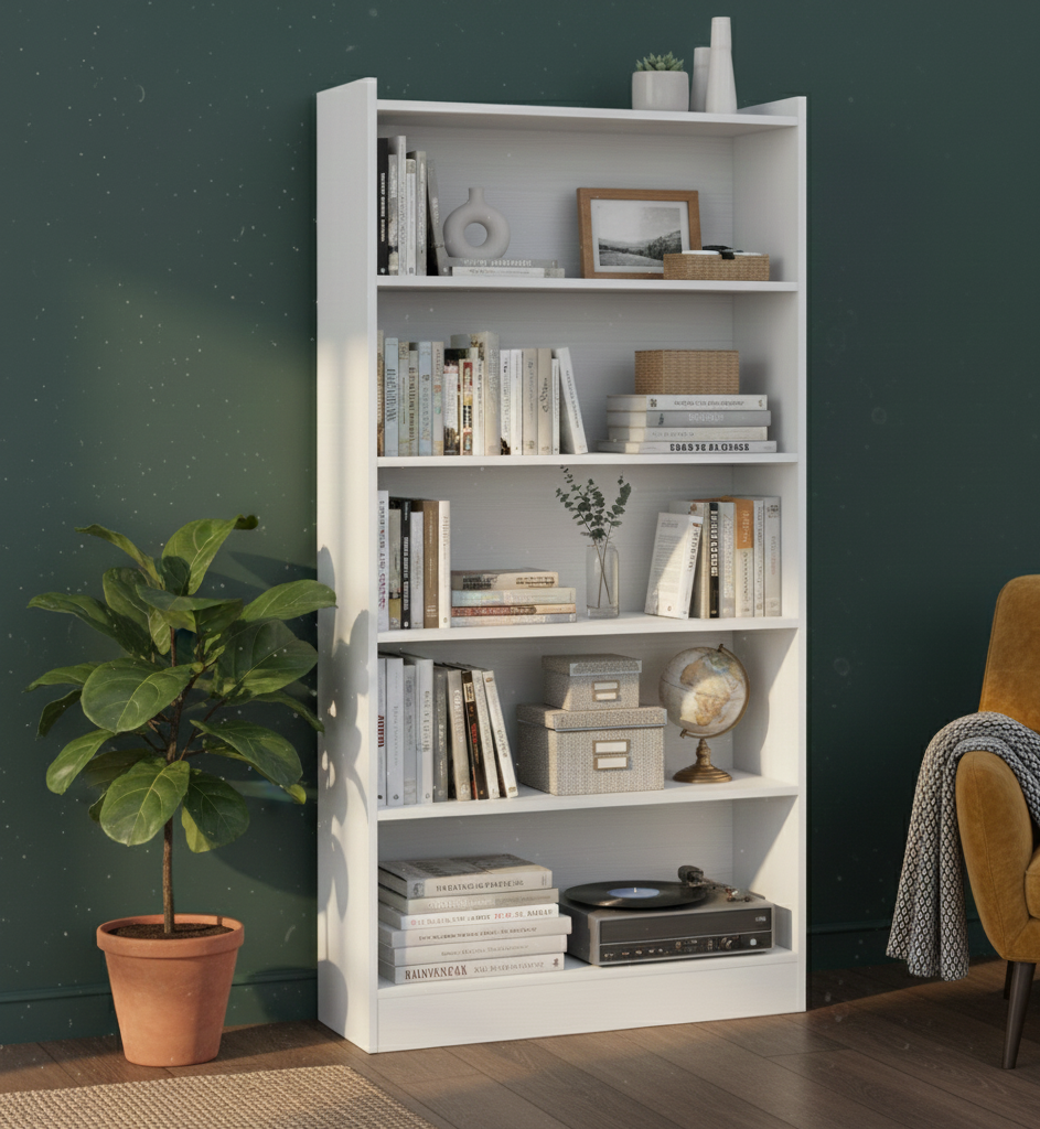 White bookshelf with books, decor items, and a plant against a dark green wall.