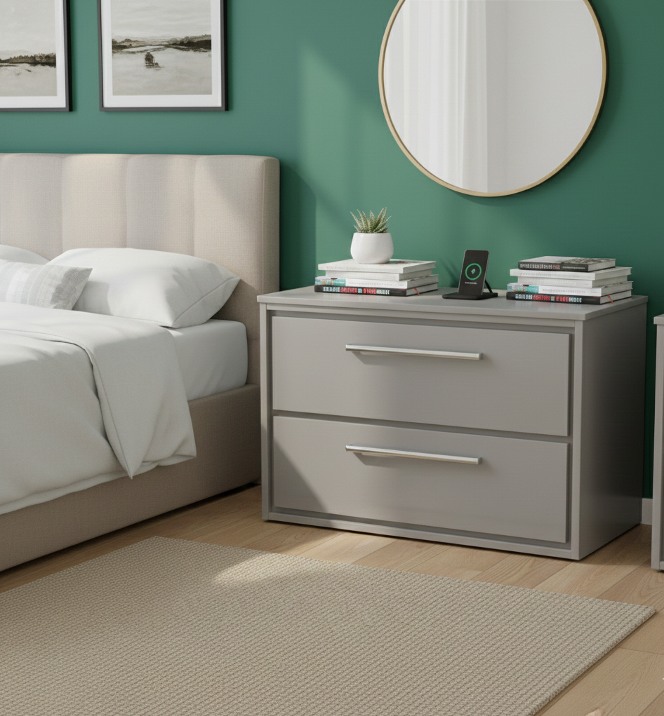 a modern bedroom scene that prominently features a grey, two-drawer nightstand. This piece of furniture is identified as a Hudson Reed Lille 600mm Floor Standing 2-Drawer Vanity unit, potentially in a "Coastal Grey" or "Pebble Grey" finish. 