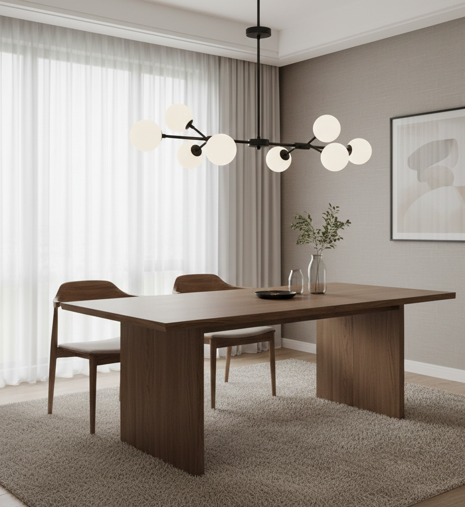 A large, rectangular wooden dining table with thick slab legs is positioned in the center of the room. Two dark, possibly black or dark wood, dining chairs with curved backs and upholstered seats are placed on one side of the table.