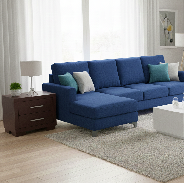  a modern living room scene featuring a prominent blue L-shaped sectional sofa, identified as a FURNY Apollaster 5 Seater Fabric RHS Sectional L Shape Sofa Set. The sofa is upholstered in fabric and includes several throw pillows in matching blue, white, and teal colors. 