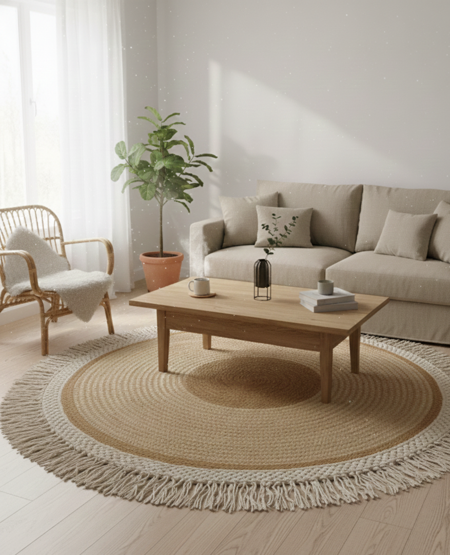 Living room with a beige sofa, wooden coffee table, and round jute rug.