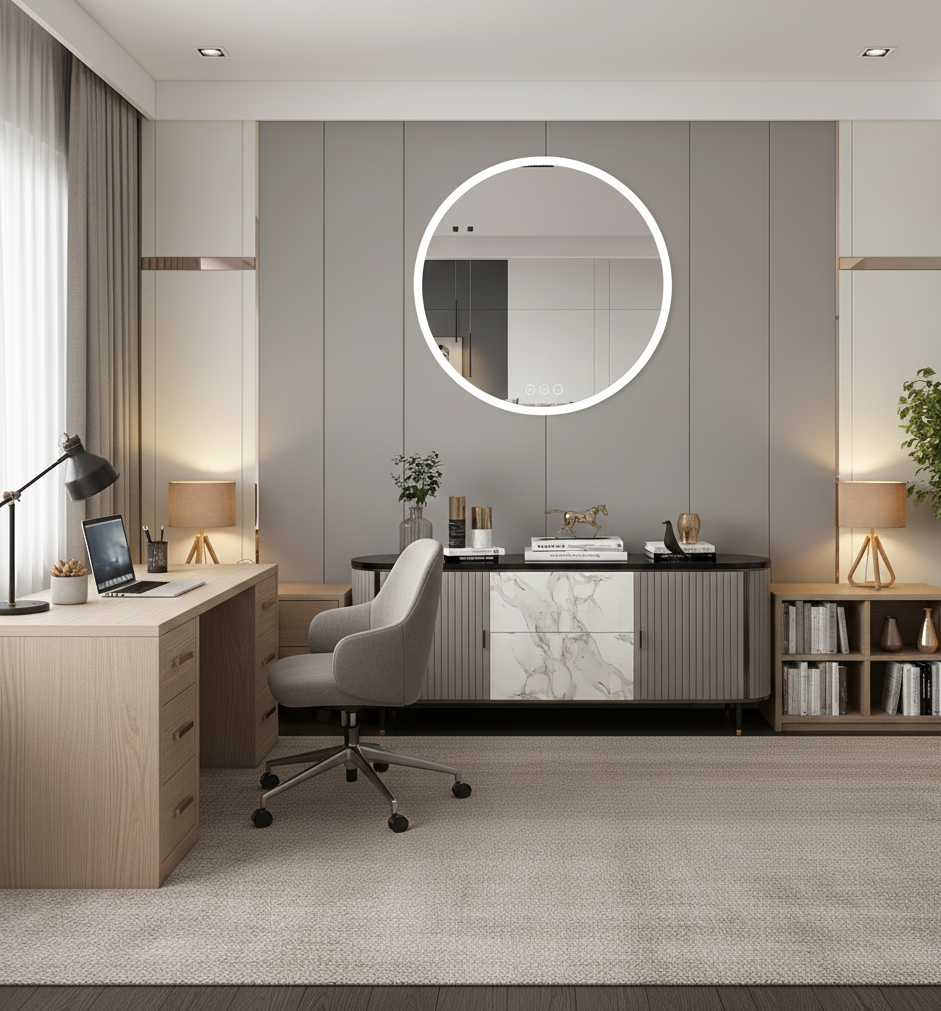 Modern office space with a desk, chair, and decorative elements.