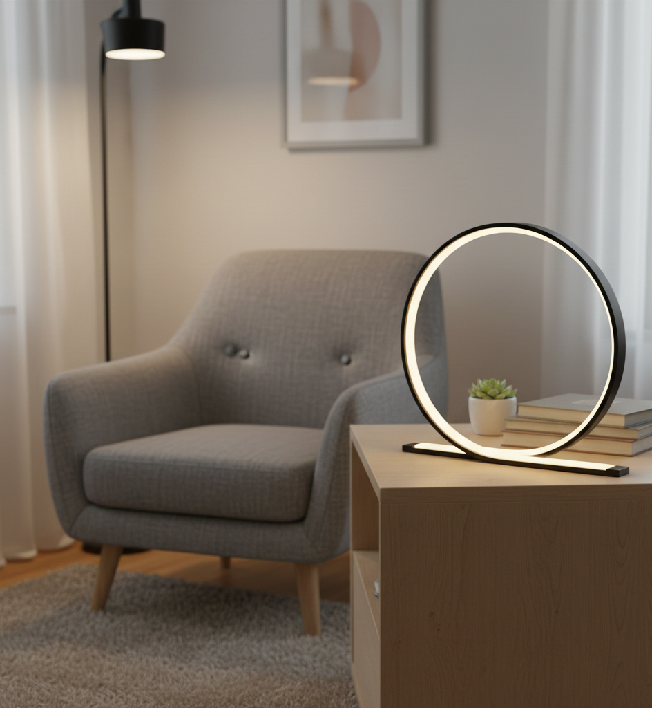 Modern circular LED lamp, open book, and glasses on a wooden nightstand in a dark bedroom.