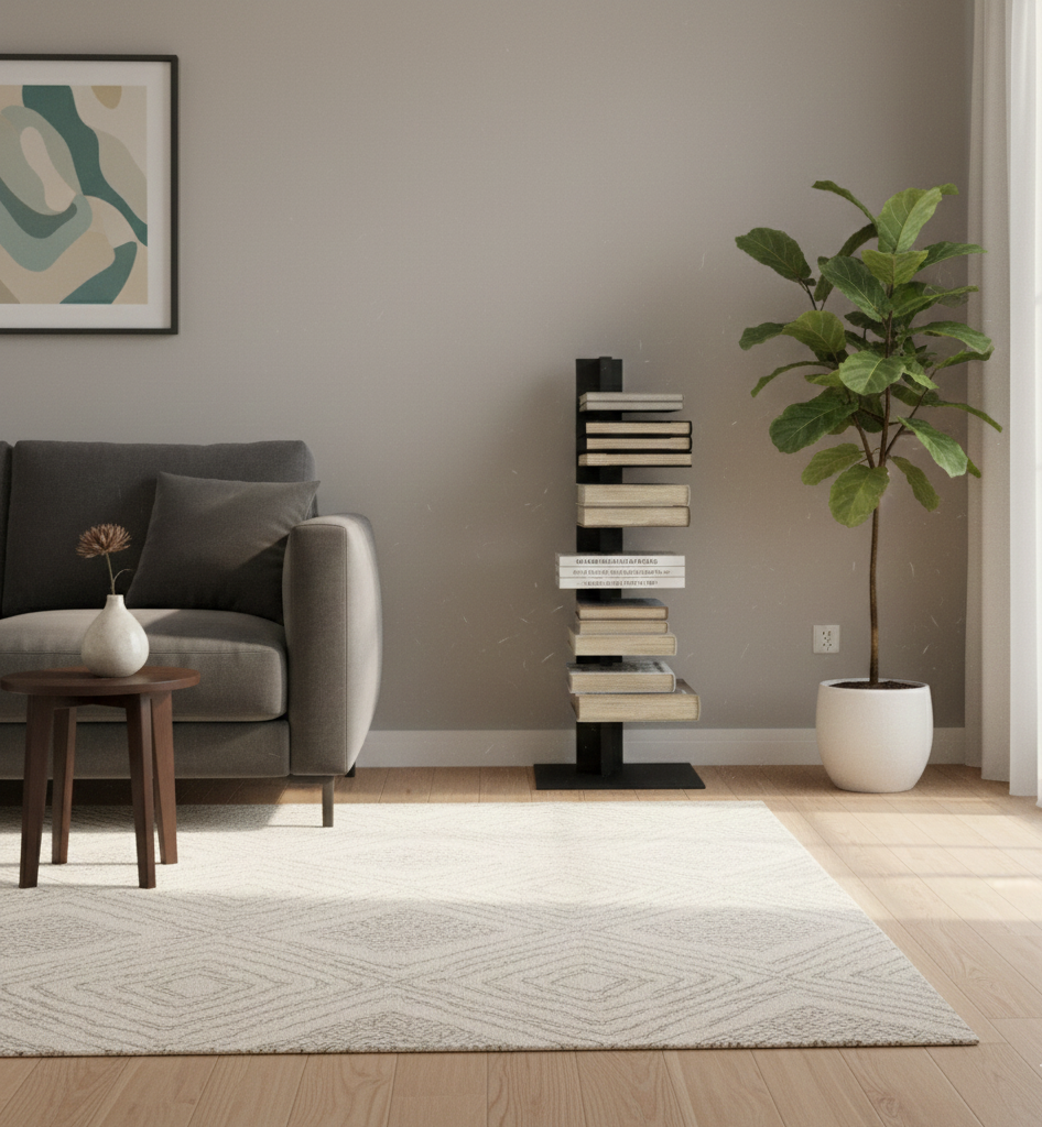 Modern living room with a gray sofa, bookshelf, and plant.