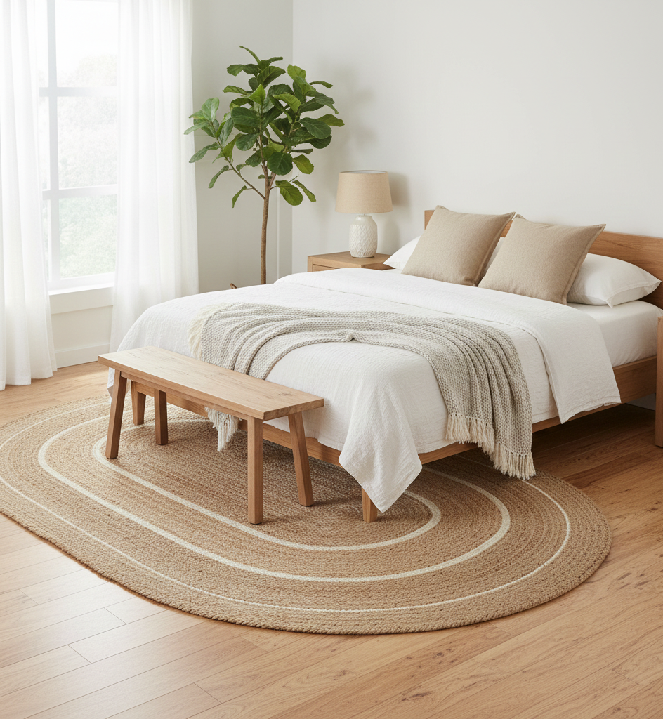 Bedroom with a wooden bed, bench, and round jute rug.
