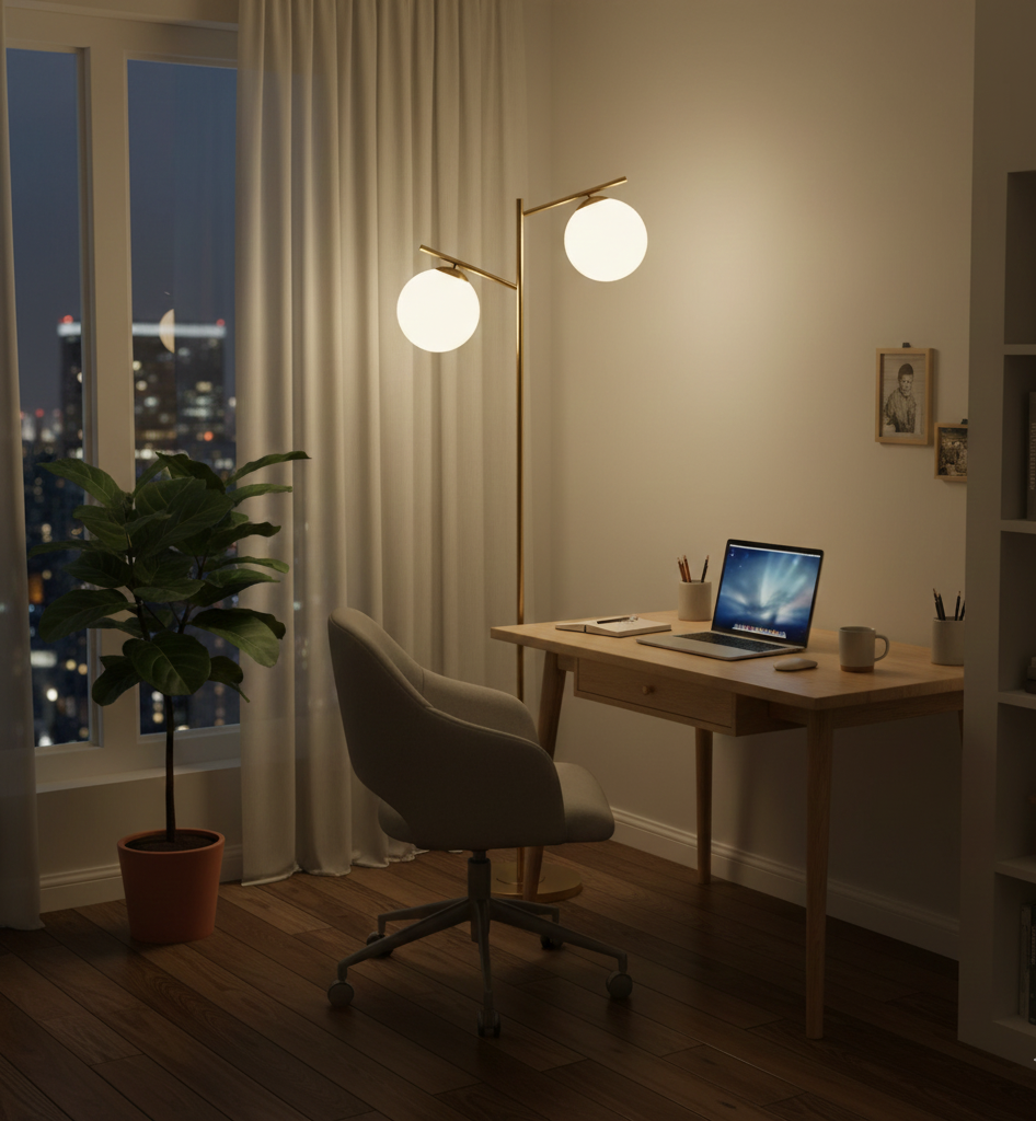 Modern home office with a desk, chair, and floor lamp in a dimly lit room.