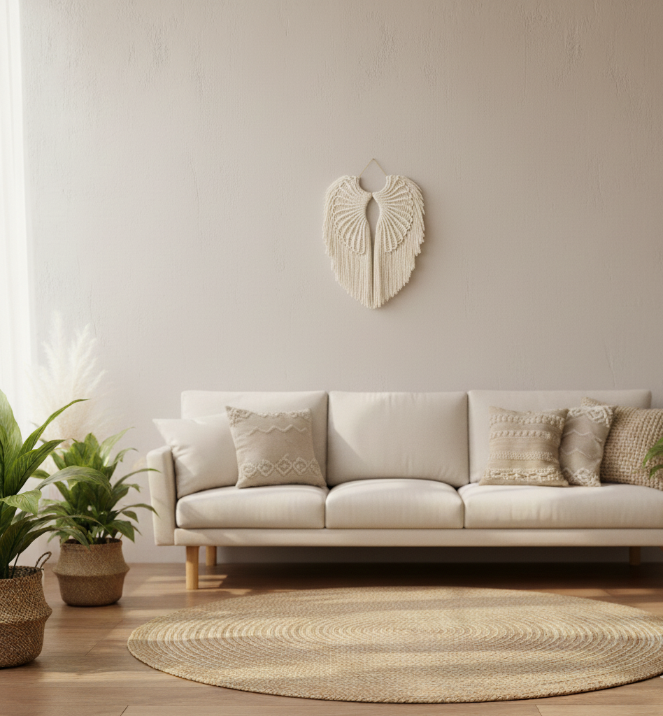 Beige sofa in a living room with decorative wall art and plants.
