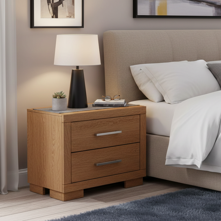  The nightstand is made of solid wood with a waxed real oak top and features two storage drawers. It is part of a modern style bedroom set.