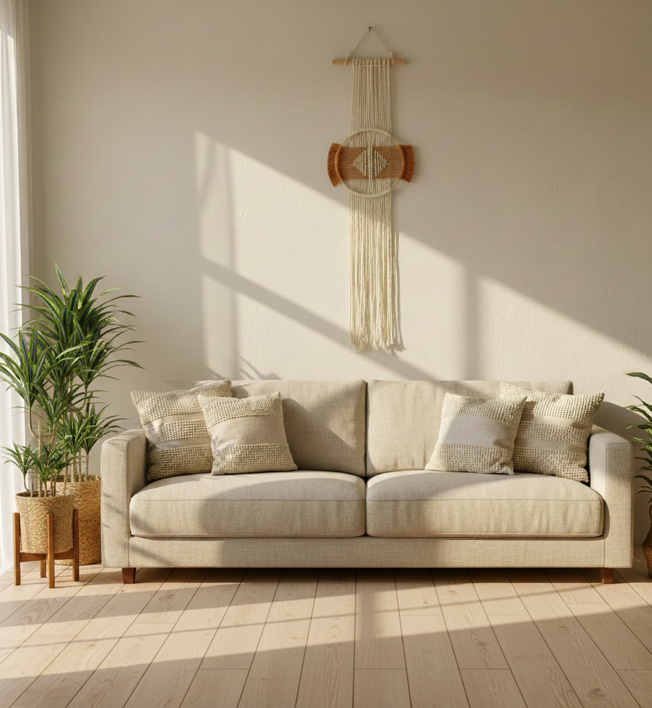 Beige sofa in a living room with sunlight streaming through a window, casting shadows on the wall.
