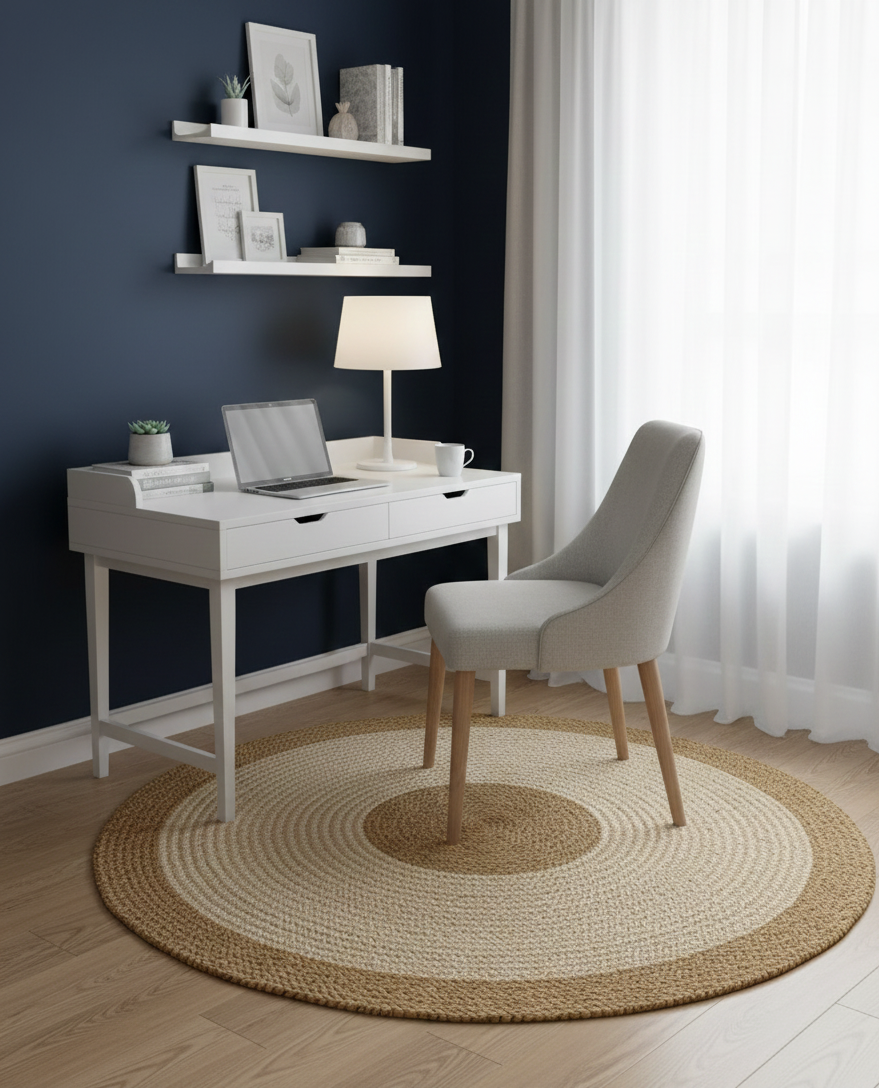 Modern home office with white desk, chair, and shelves against a dark blue wall.